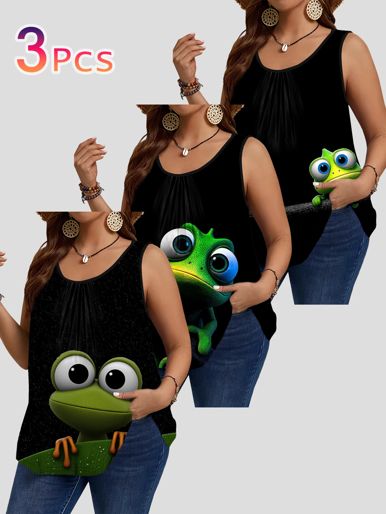 3-Piece Set of Plus-Size Women's Clothing with Cartoon Big-Eyed Frog Print Tank Top, Round Neck, Ruched Loose Sleeveless Top