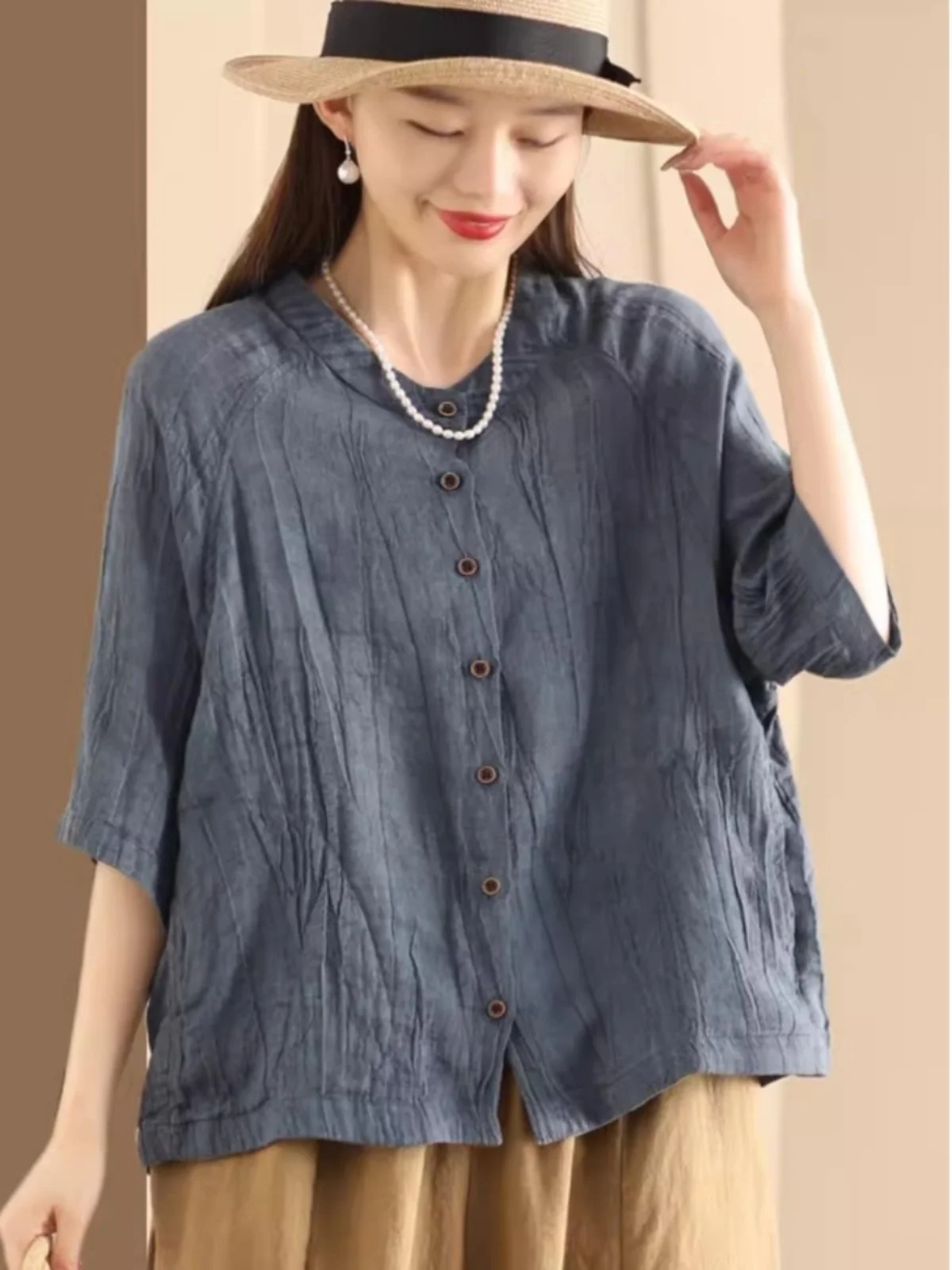 Été femmes coupe ample lin irt mince ort Sve décontracté Vintage torsadé plissé coton lin ouvert Cardigan haut