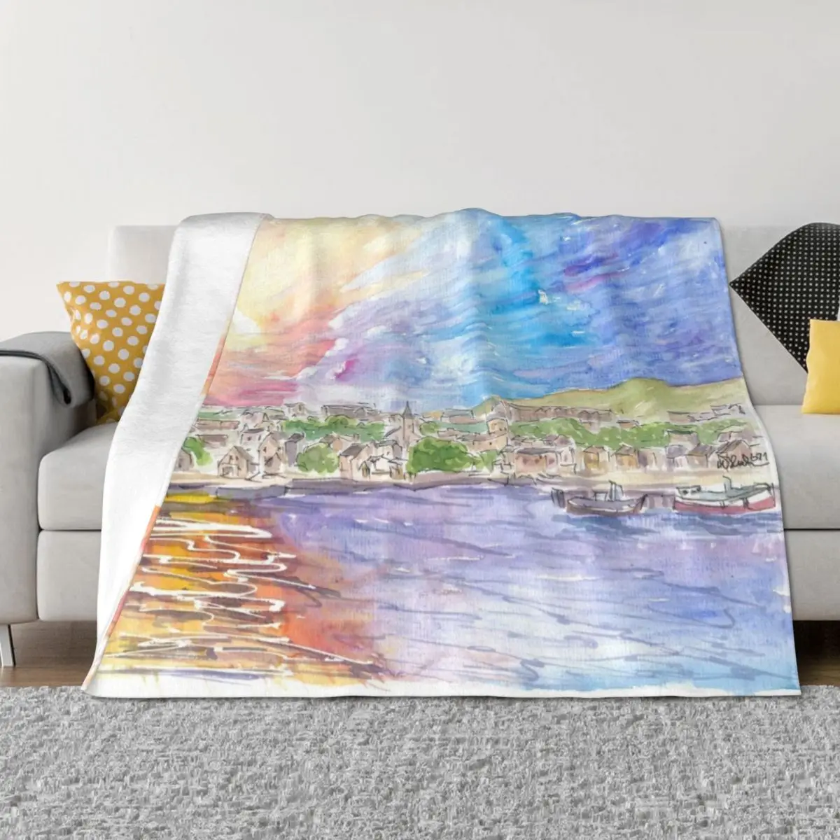 Stromness Orkney Islands Astonishing Sun over Mainland Throw Blanket Furrys Loose Hair Designers Blankets