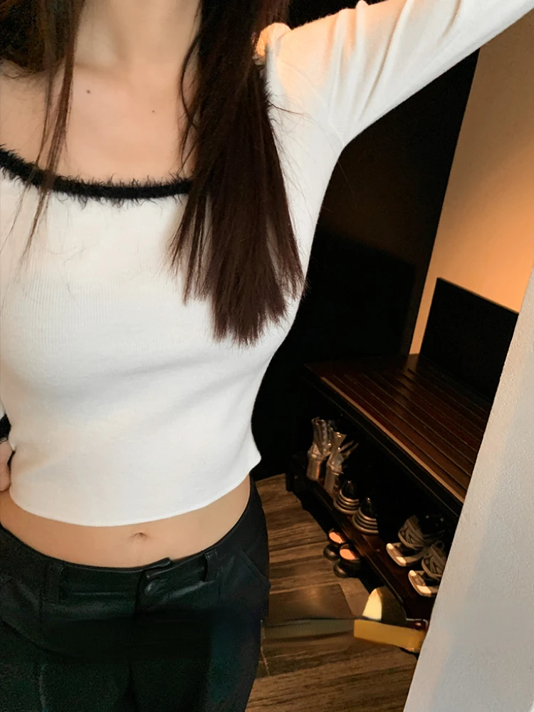 Short Knitted Sweater Women Long Sleeve Slim Y2k Crop Tops Female Pure Color Casual Pullover Korean Fashion 2022 Autumn Chic