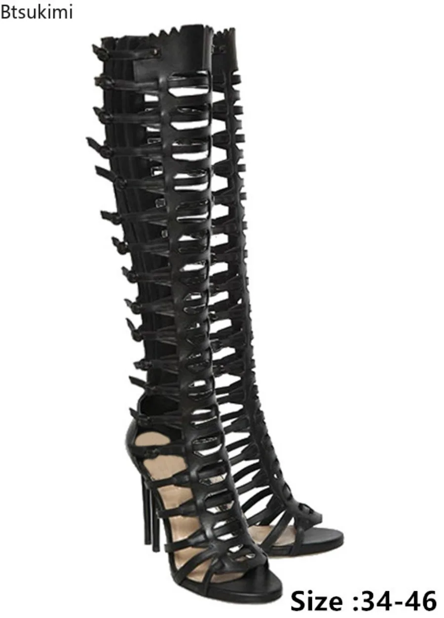 2026 New Luxury Black Hollow Out Stiletto Heels Strappy Knee Gladiator Sandals Peep Toe Multi-Buckled Summer Sandals for Women