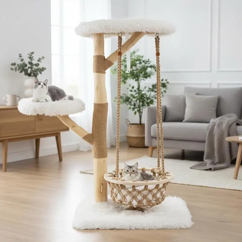 Großer Katzenbaum mit Hängematte, Echtholz und Jutezweigen, Modernes Katzen-Aktivitätszentrum für Innenbereiche, Naturfarben