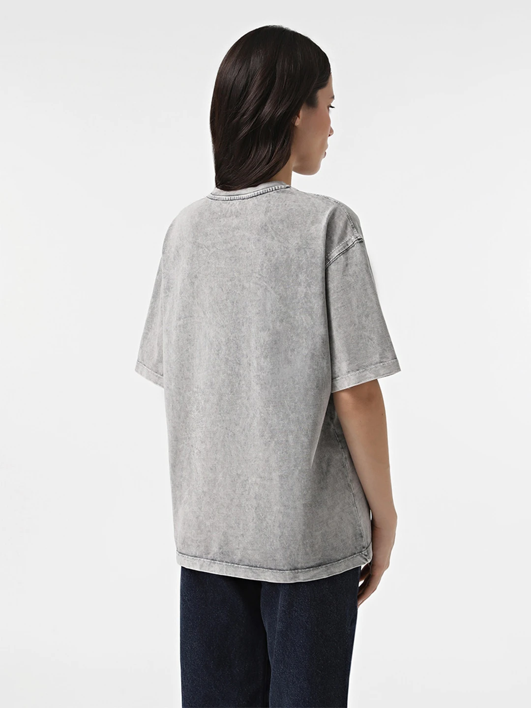 Oversized Gray T-Shirt with Time To Chill Print Water Washing Process Largesized Women's  Casual Slogan Drop Sleeve Cotton Tee