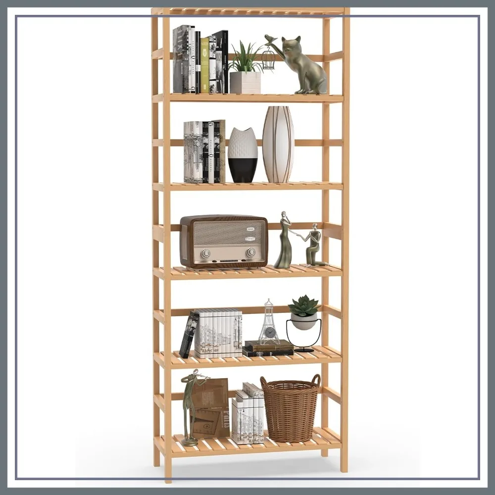 

6-Tier Bamboo Shelf, Adjustable Tall Bookcase, Multipurpose Storage Display for Bathroom Living Room