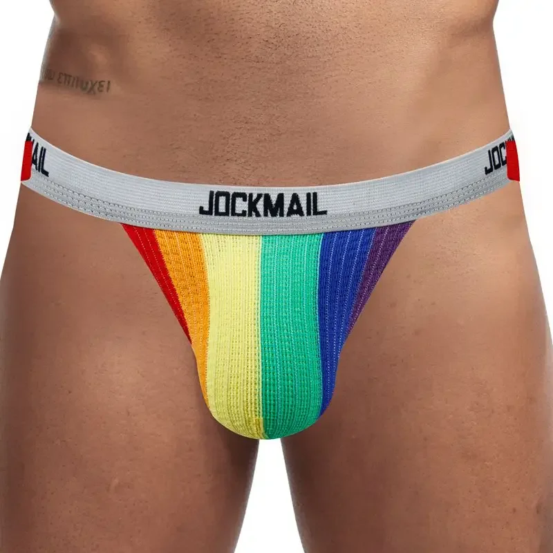 JOCKMAIL Sexy Gay Underwear Men Jockstrap String Homme Tanga Cockring Cuecas Masculinas Rainbow Low Waist Mesh Breathable Briefs