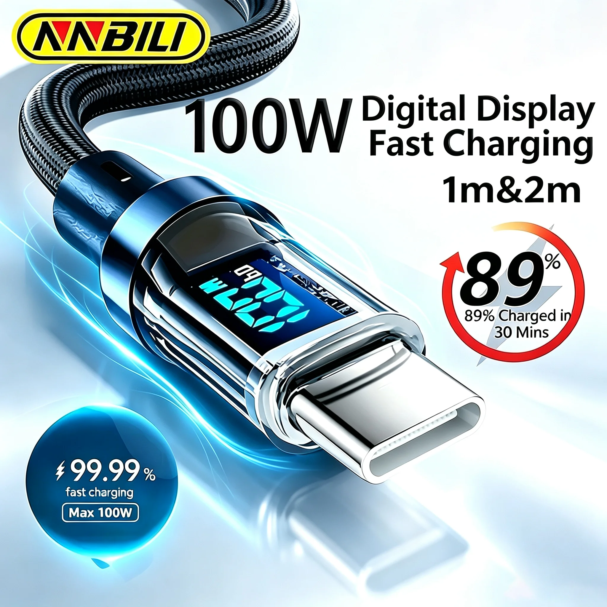 Cabo USB para Tipo C NNBILI, carregador de carregamento rápido de 120 W, cabo USB Tipo C para USB C, para Xiaomi POCO, Huawei, Macbook, Honor, 1/2 m.