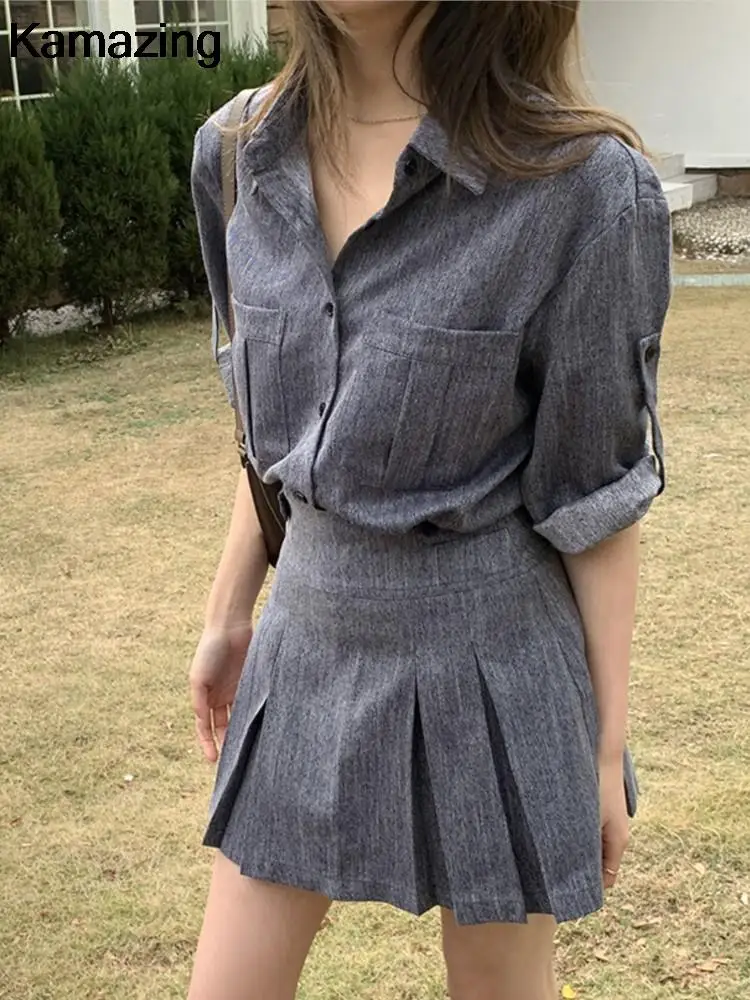 Women Fashion Solid Pleated 2 Piece Suit Korean Casual Single-Breasted Shirt A-Line Mini Skirt Set Female Summer Outfits Clothes