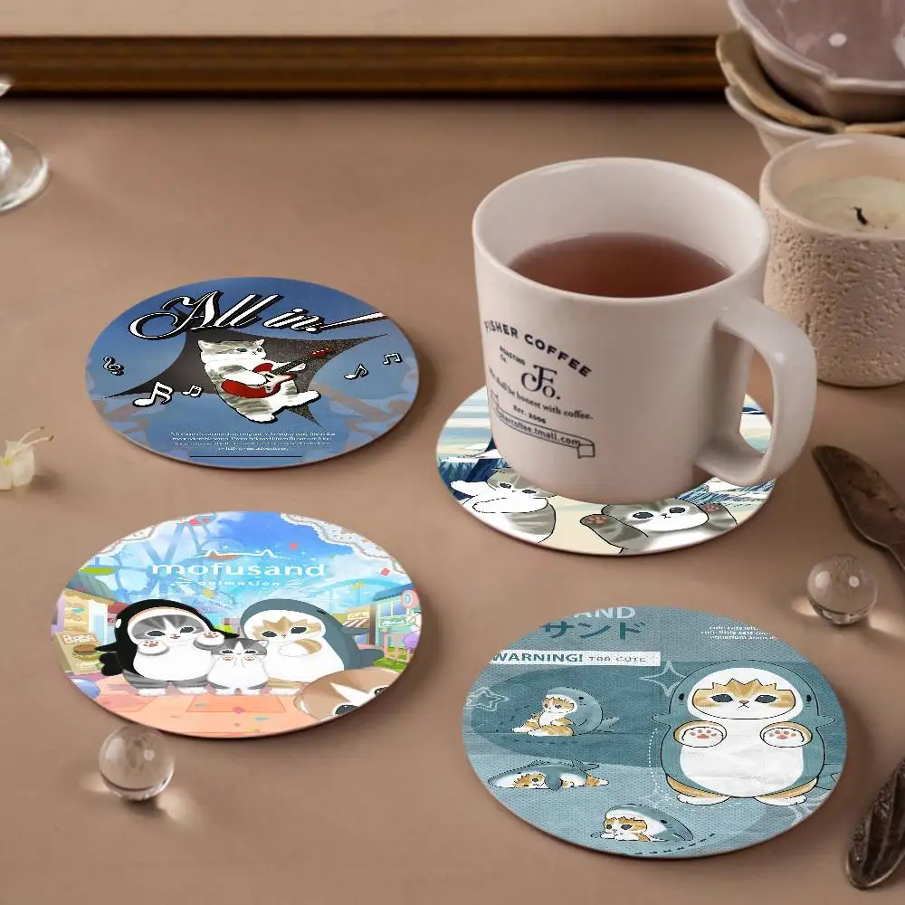 Funny Cat Mofusand Retro Wooden Cup Mats Elements Colour Printing Cup Coasters Home Kitchen Decora Gifts