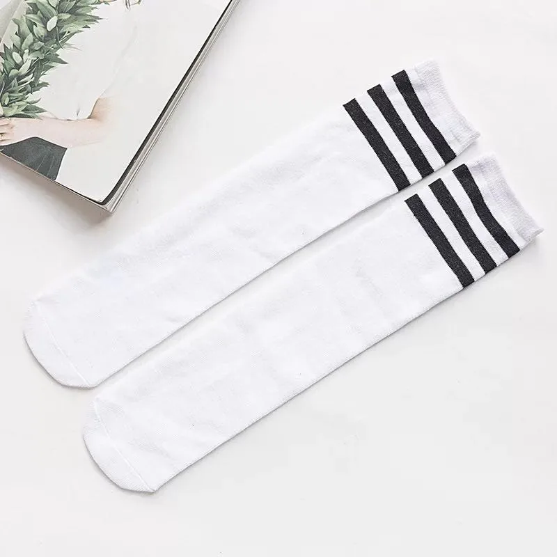 Children's socks midtube socks Cotton football socks Black white striped over the knee socks Long socks Jazz dance socks tide