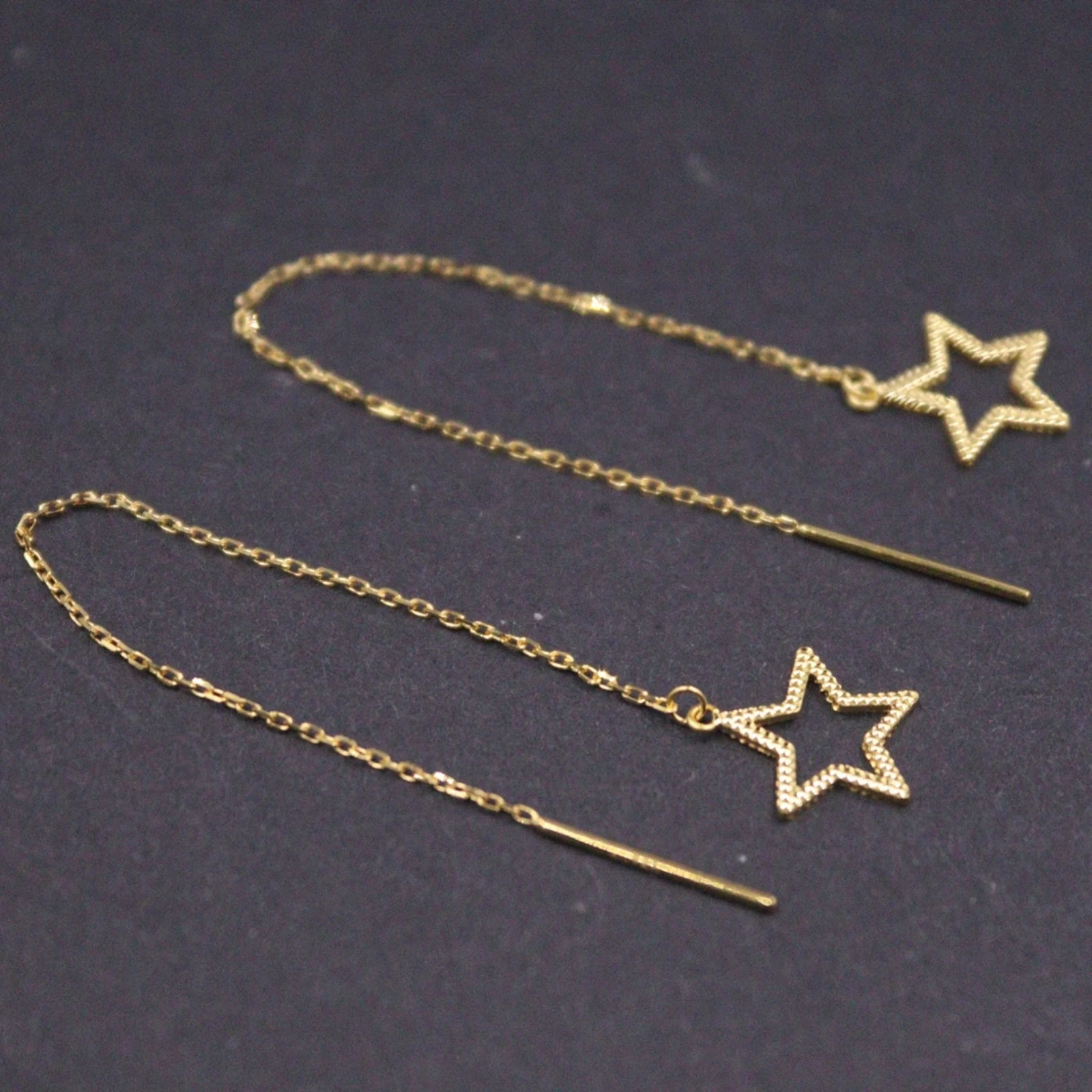 

Real Pure 18K Yellow Gold Dangle Women Hollow Carved Star O Link Chain Earrings 0.74g