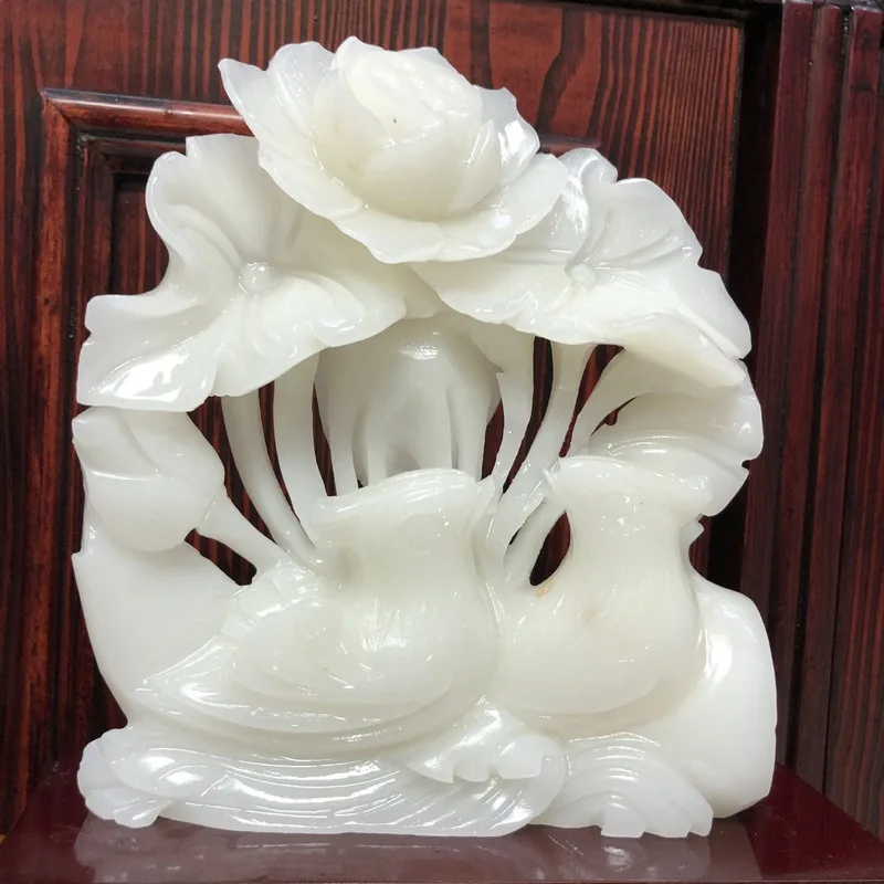 Afghan white jade mandarin duck ornaments, paired for a harmonious union and a happy marriage, home decor jade carvings