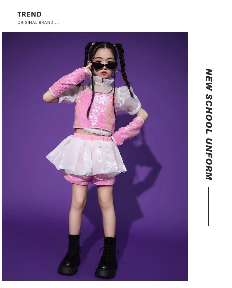 Pailletten-Jazz-Tanzset für Mädchen, Hip-Hop-Bühnenoutfit, Laufsteg-Show-Kostüm mit Glitzer für Kinder und Teenager, Tanzwettbewerbskleidung – Detail 5