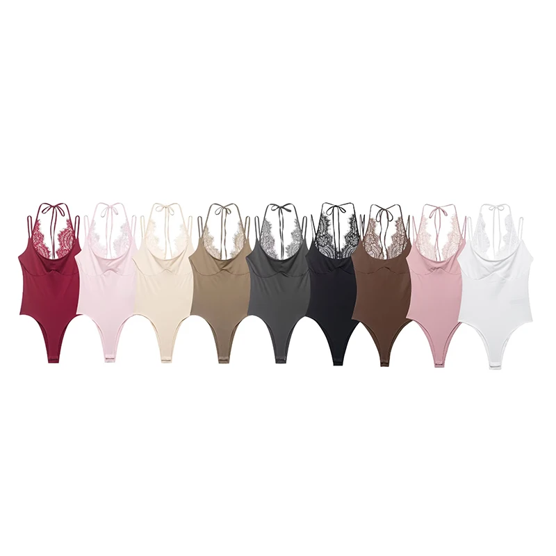 Willshela Women Fashion Solid Lace Patchwork Backless Bodysuits Vintage Slim V-Neck Thin Straps Female Chic Lady Playsuits