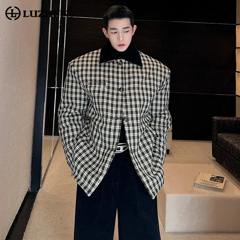 LUZHEN 2024 Fashion Elegant Plaid Original Design Loose Padded Coat Men High Quality Trendy Shoulder Pad Winter Warm Coat LZ6283