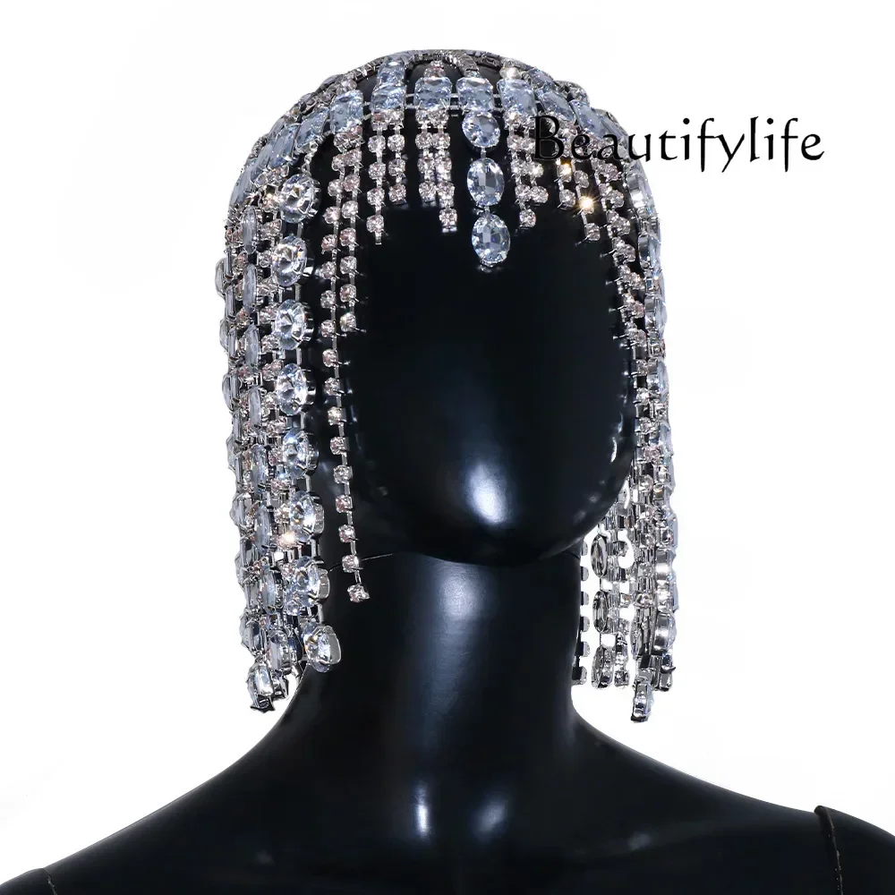 Exaggerated tassel hair chain big diamond rhinestone headdress concert dance shiny headdress