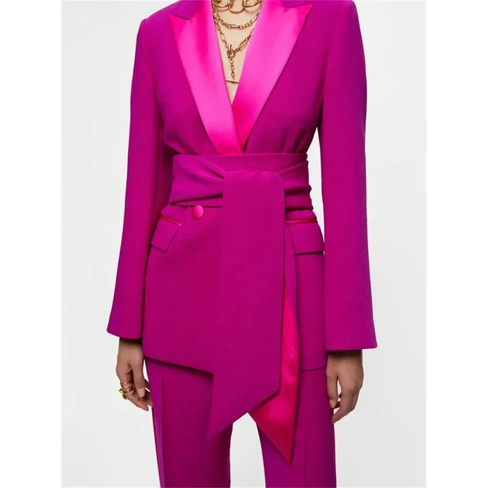 Traje femenino rosa de moda de dos piezas (chaqueta + pantalones), vestido de noche de graduación con doble botonadura, ropa de invitados de boda