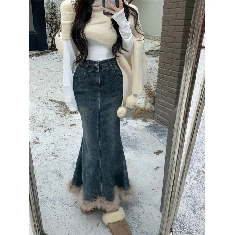 Retro Fashion Furry Patchwork Denim Skirt Women's Autumn and Winter New High Waist Fishtail Skirt Gyaru Fashion Fashion A- li...