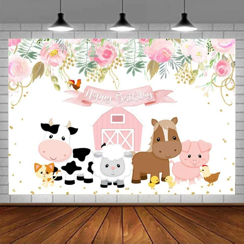 

Pink Farm Animals Photography Backdrop Princess Girls Birthday Party Barnyard Theme Background Cute Farmhouse Flower Decoration