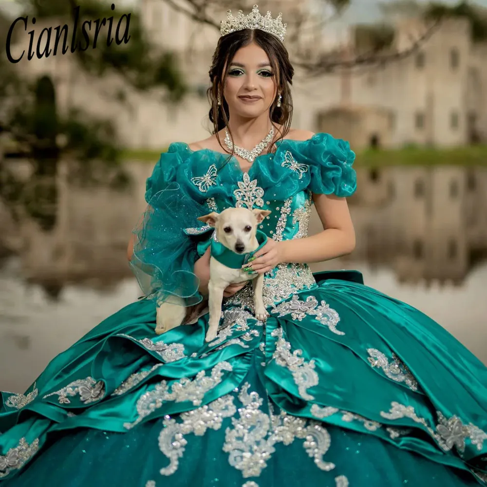 Vestido De quinceañera Floral verde De lujo con hombros descubiertos, apliques De cristal, 15 Años, dulce 16, vestidos De graduación