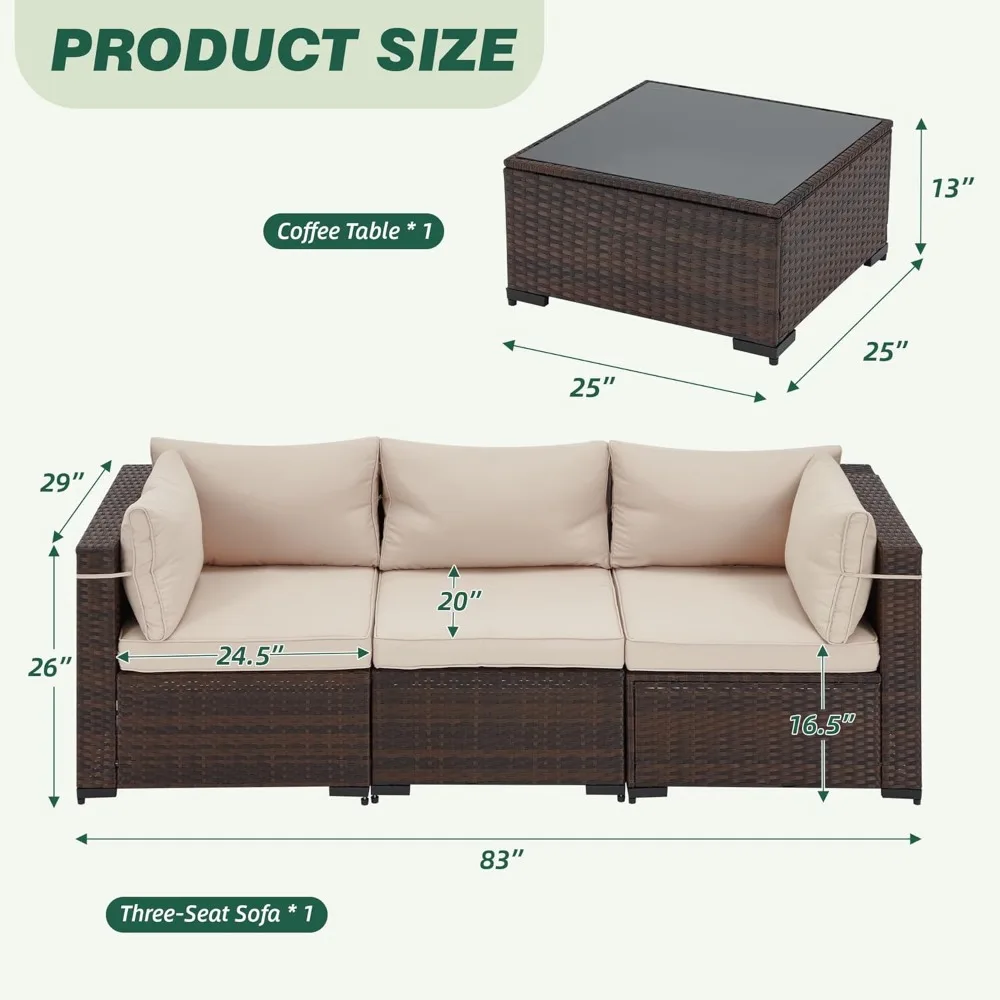 4-Piece Patio Conversation Set, All- Weather Wicker Patio Couch with Tempered Glass Table, Waterproof Cushions with Straps, Out