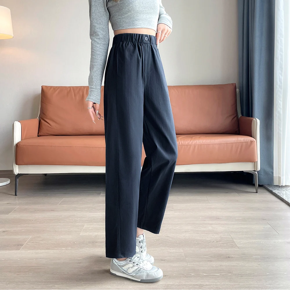 

Ankle length casual women's pants autumn new item elastic waist casual pants straight leg fashionable women's solid color pants