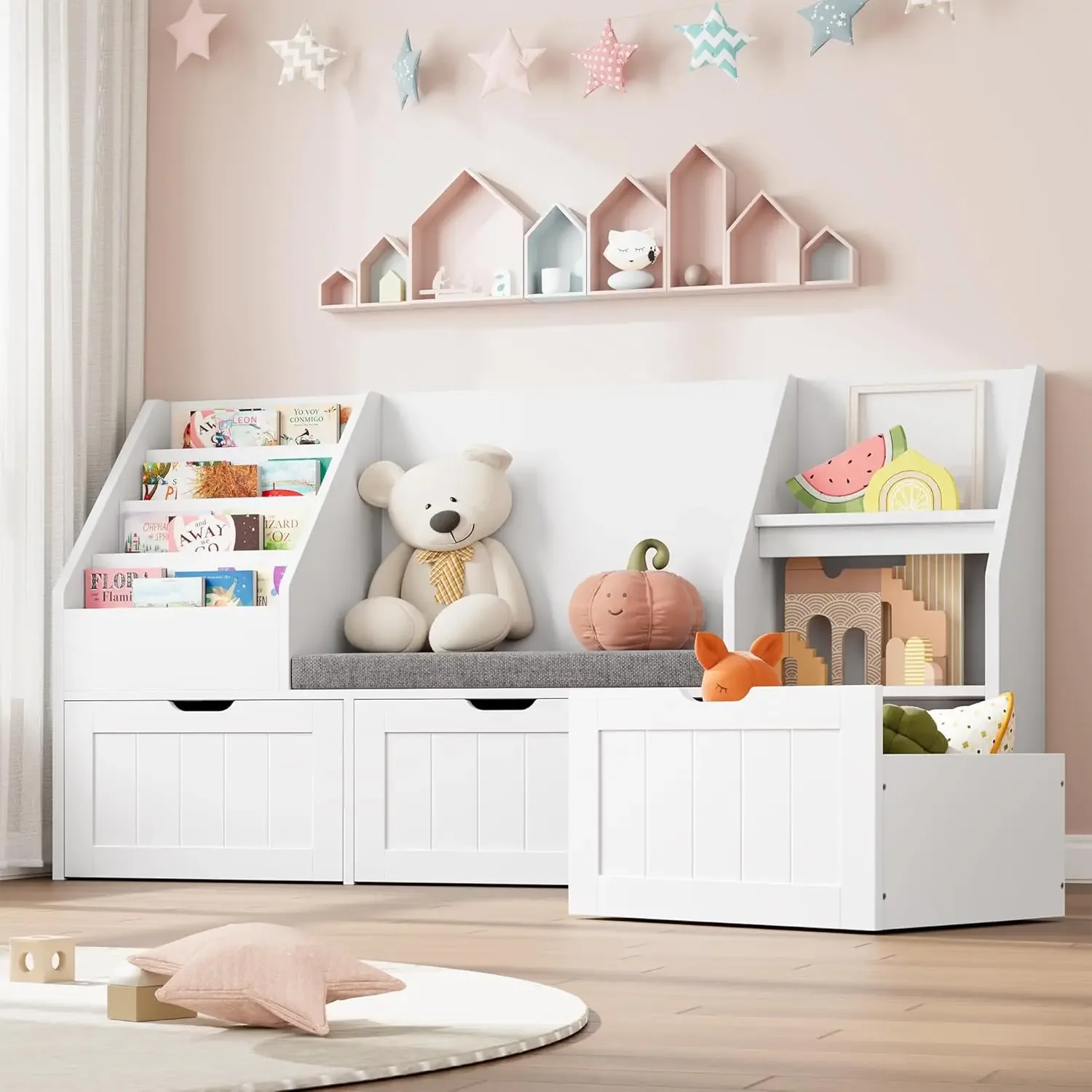 55.1’’ Kids Bookshelf with Reading Nook, Toy Storage Organizer with Seat Cushion and 3 Movable Drawers, Kids Reading Nook Toy Or