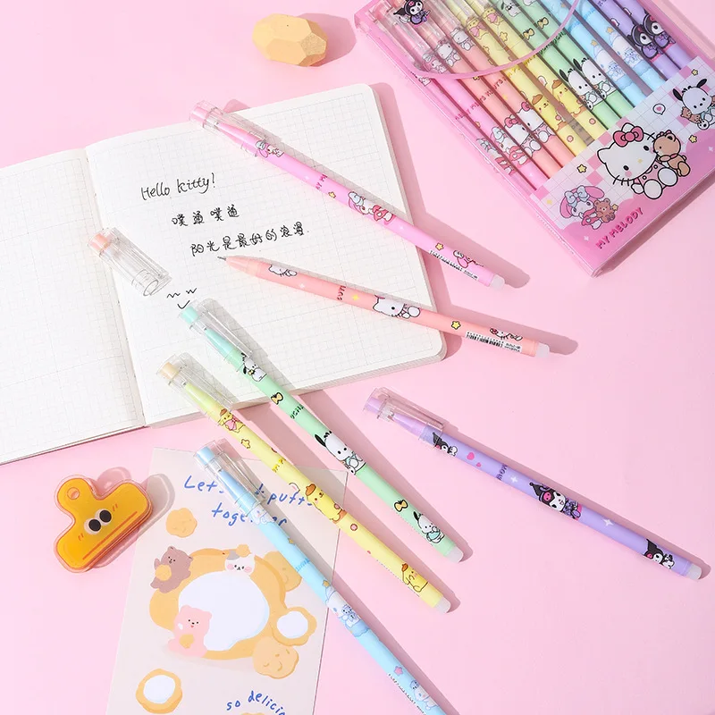 12Pcs/set Erasable Sanrio Gel Ink Pen Kawaii Students Stationery Anime My Meldoy Kuromi Pokemon Pikachu 2Colors Lovely Kids Gift