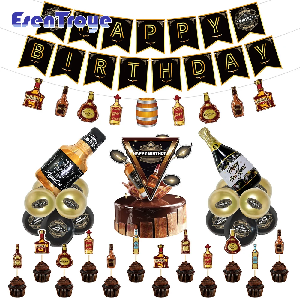 Whiskey Wine Theme Birthday Party Set Letter Pull Pattern Flag Latex Ball Balloon Flag Cake Insertion Suite