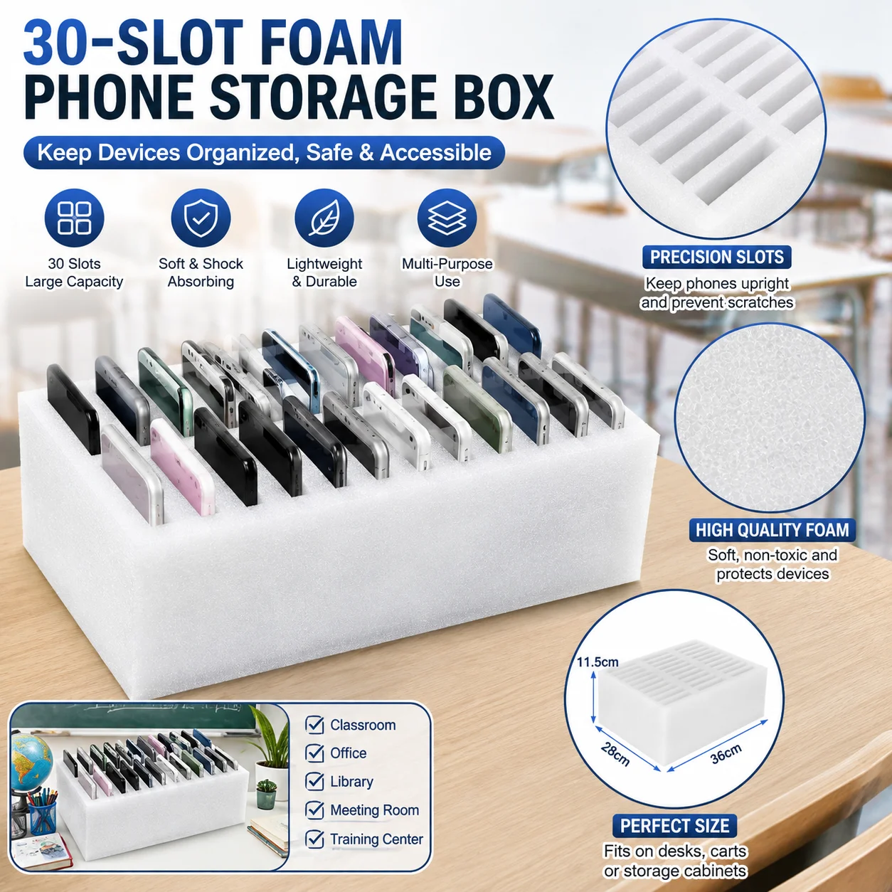 30 Slot Cell Phone Storage Organizer Classroom Phone Holder Desktop Mobile Phone Tray Office School Desk Organizer for Students