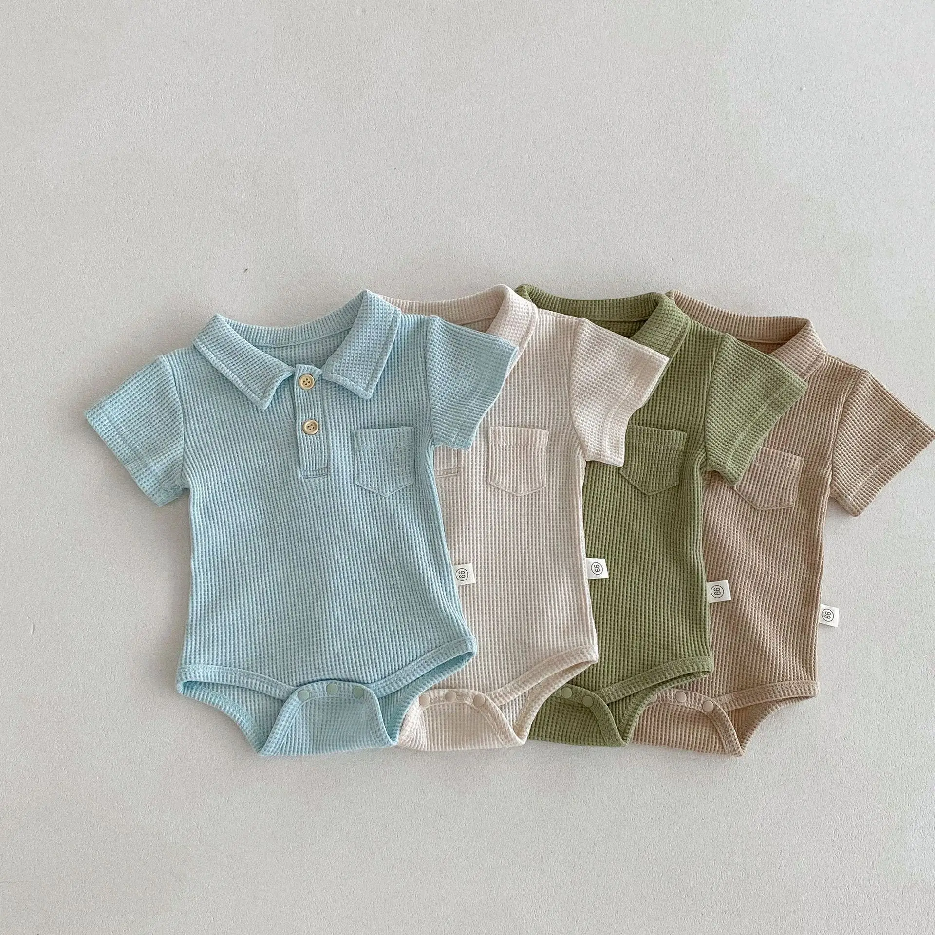 

Newborn Baby Boy Clothes 2024 Summer Infant Bodysuit Boys' Waffle One Piece Toddler Daily Clothes Solid Turn Down Collar Onesie