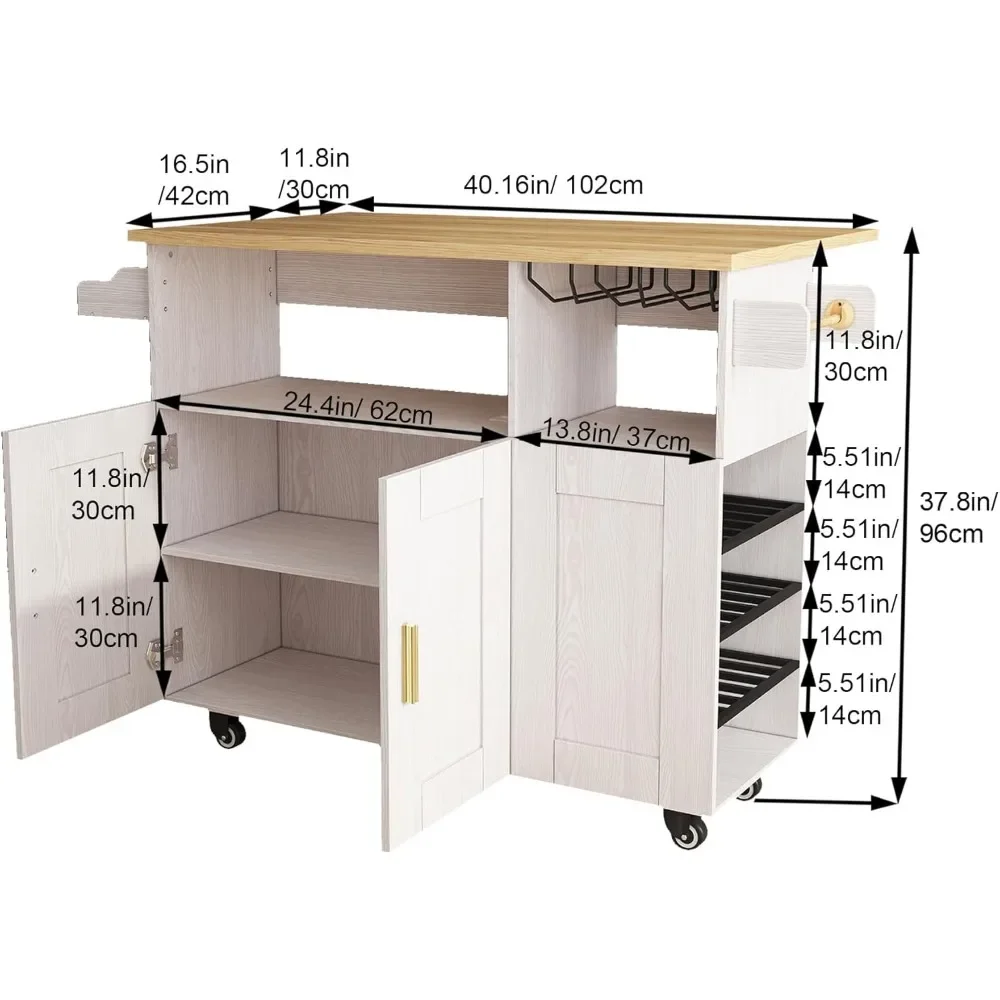 Rolling Mobile Kitchen Island Cart Bar con piano di lavoro da tavolo, armadio da cucina rotante con presa di corrente, carrello dell'isola della cucina