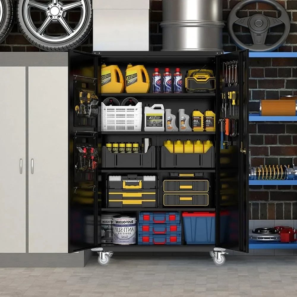 

Deep Metal Garage Storage Cabinet with Pegboard & Adjustable Shelves, Lockable Storage Cabinet with Wheels