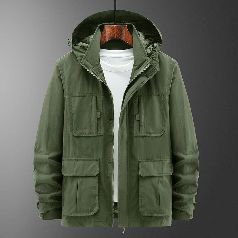 

2025 Spring Autumn Men's Solid Color Casual Trendy Solid Color Loose Stand Collar Long Sleeve Detachable Hat Interchange Jacket