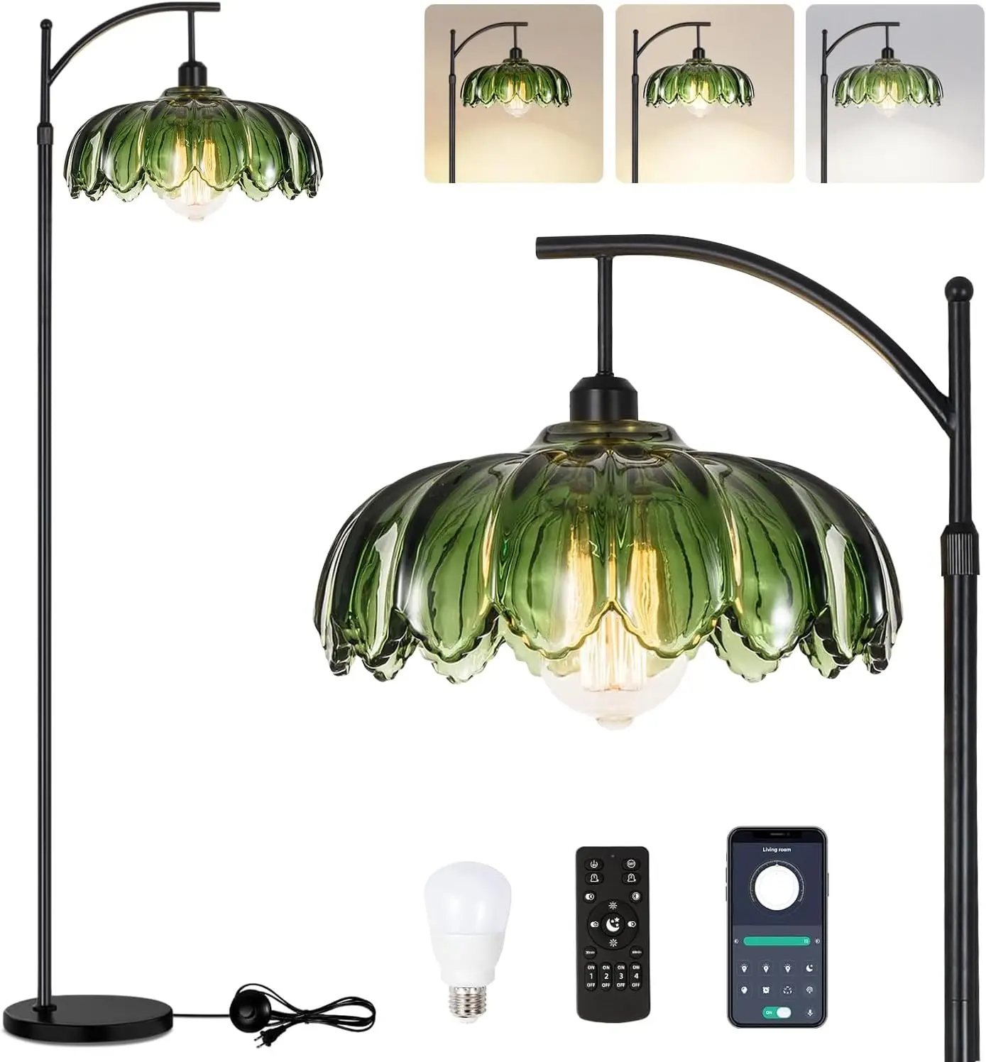 

Vintage Retro Gold Floor Lamp with Remote Dimmable Brass Arc Green Glass Flower Design for Living Room Bedroom