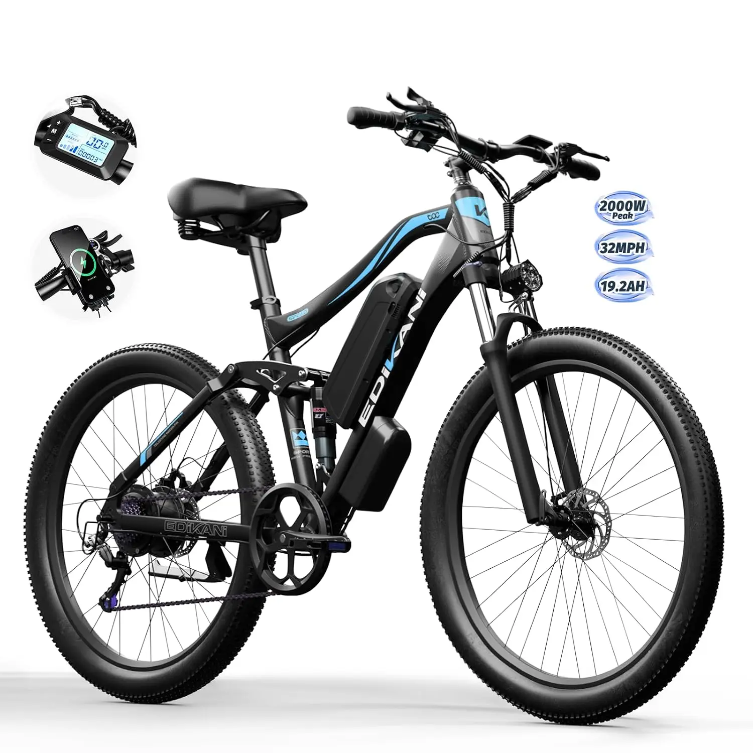 Electric Bike for Adults 2000W Peak 27.5" Full Suspension Ebike | 921.6Wh Battery Max 32Mph E Mountain Bike 80 Miles, Custom
