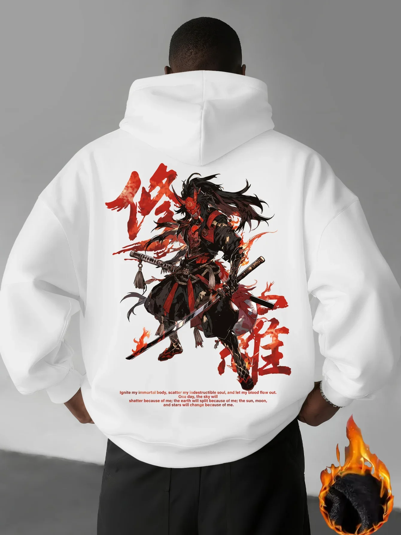 Men's Samurai Oni Anime Sports Hoodie Japanese Warrior Character Print White Oversized Pullover Streetwear Sweatshirt  Autumn