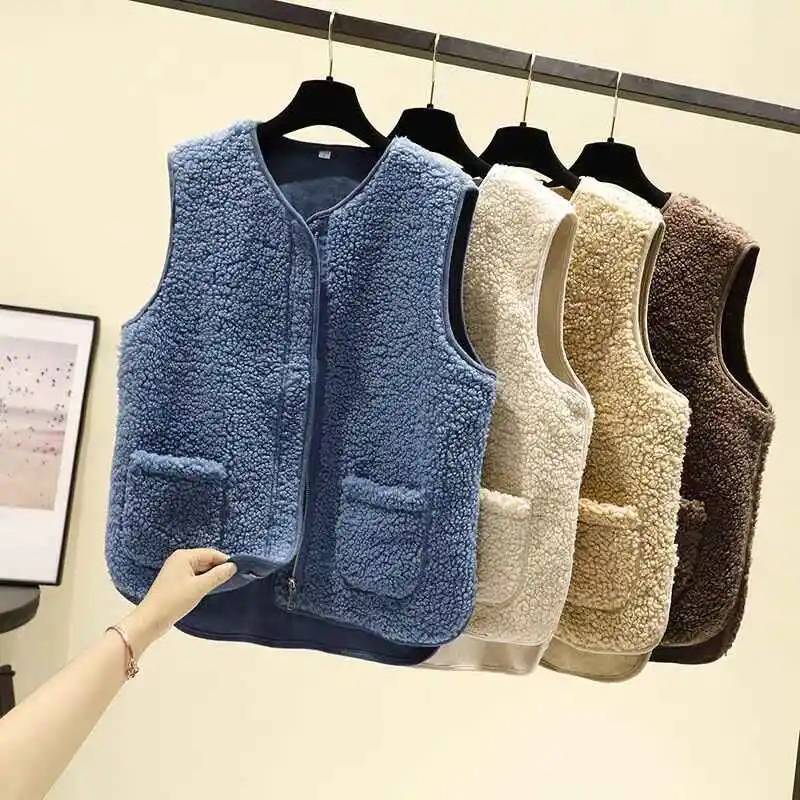 Fashion Lamb Wool Vest Women Autumn/Winter New Zipper Pockets Loose Warm Sleeveless Jackets Casual Versatile Plush Waistcoats