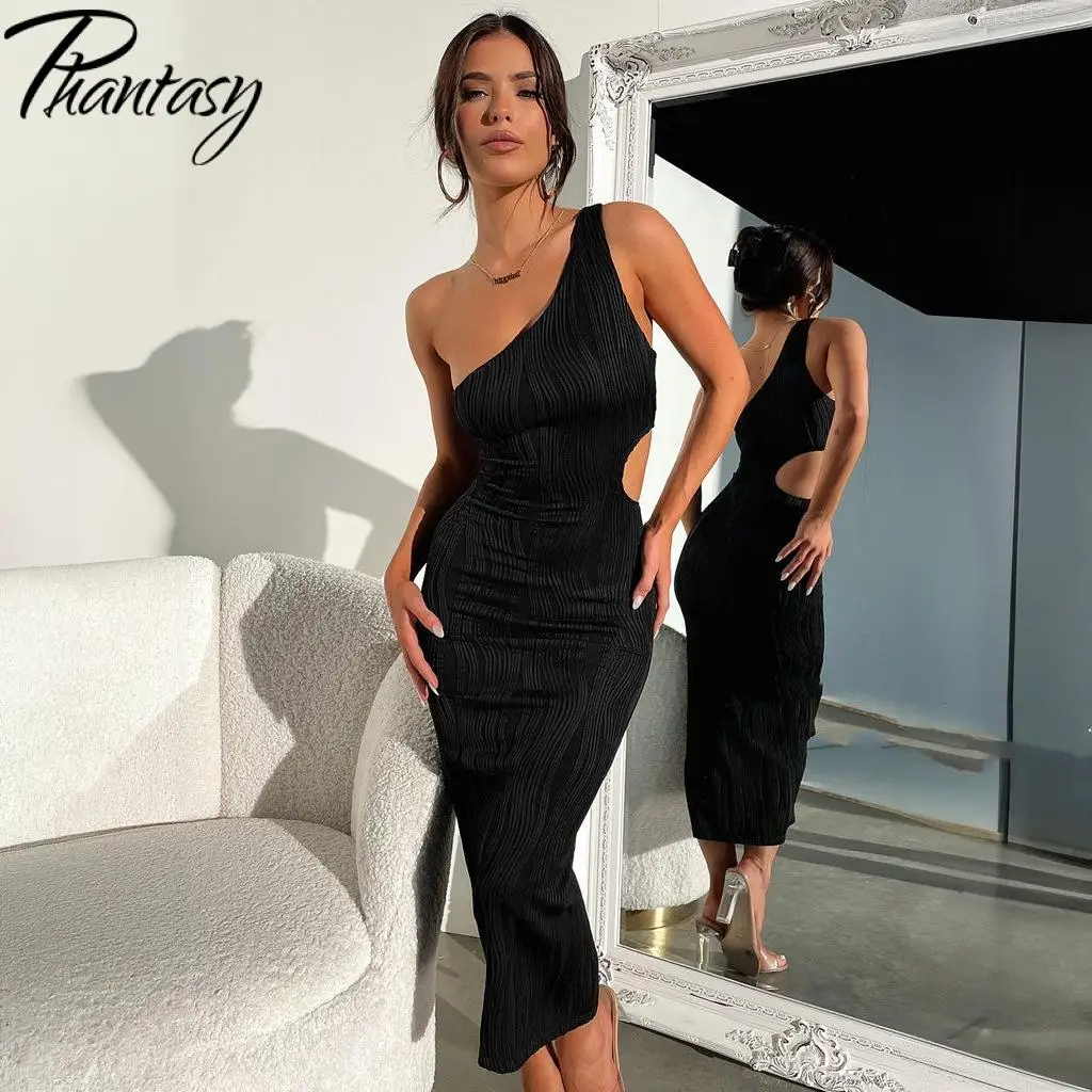 ファンタジーイレギュラーセクシーカットアウトドレスソリッドカラースリムワンショルダードレスパッケージヒップドレストレンディレディパーティードレス2025