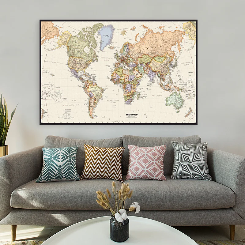 Affiche de la carte du monde rétro Non tissée, 150x100cm, peinture sur toile, Art mural décoratif suspendu, image pour salle, fournitures scolaires et de bureau