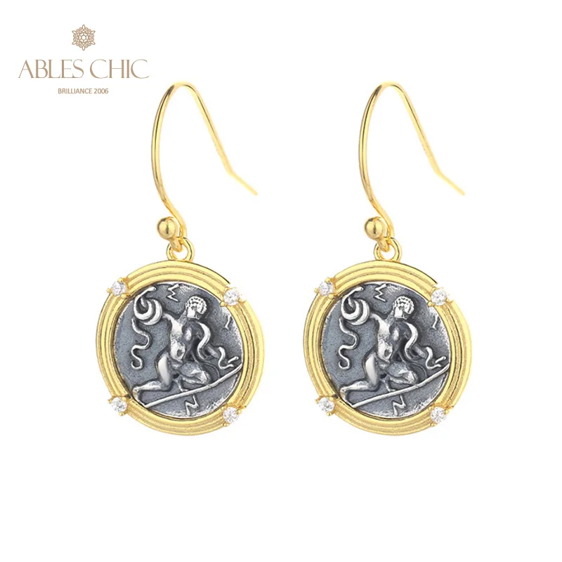 

Hercules Greek Coins 18K Gold Tone Solid 925 Silver Roman Coin CZ Accent Stud Earrings E1032