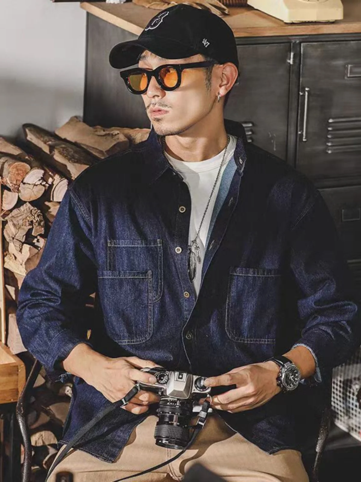 Jaqueta jeans retrô americana masculina manga comprida solta ajuste camisa casual primavera outono tendência da moda