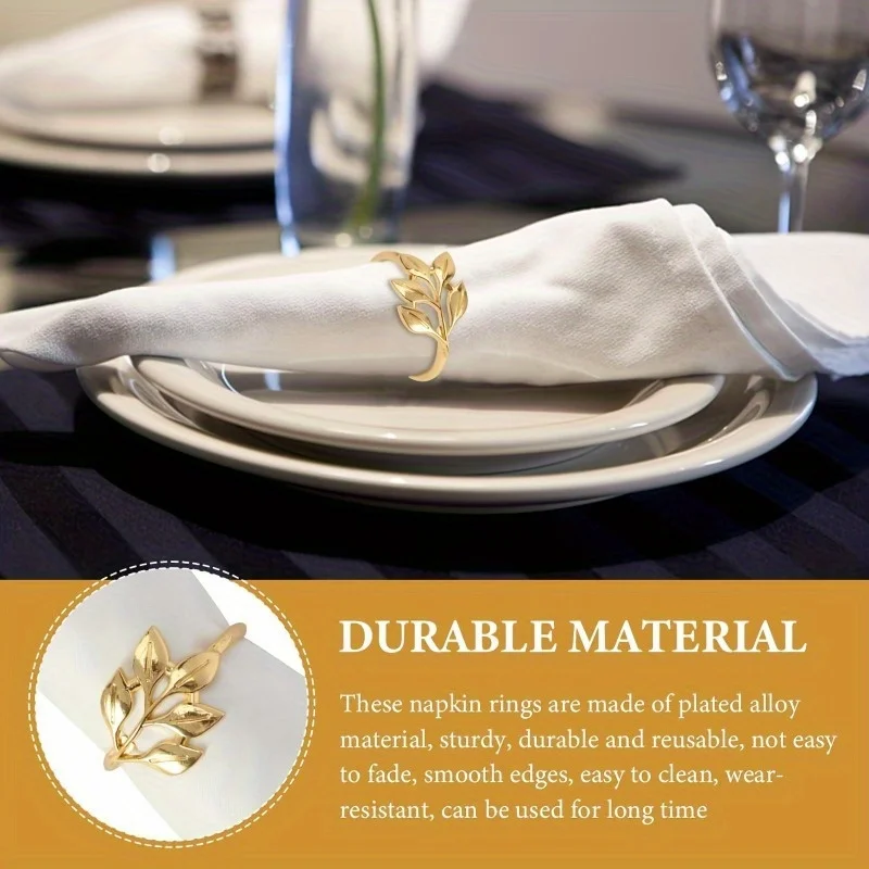 6/12/20pcs Leaf Shaped Zinc Alloy Napkin Ring, Gold Finish Decorative Serviette Holder for Events
