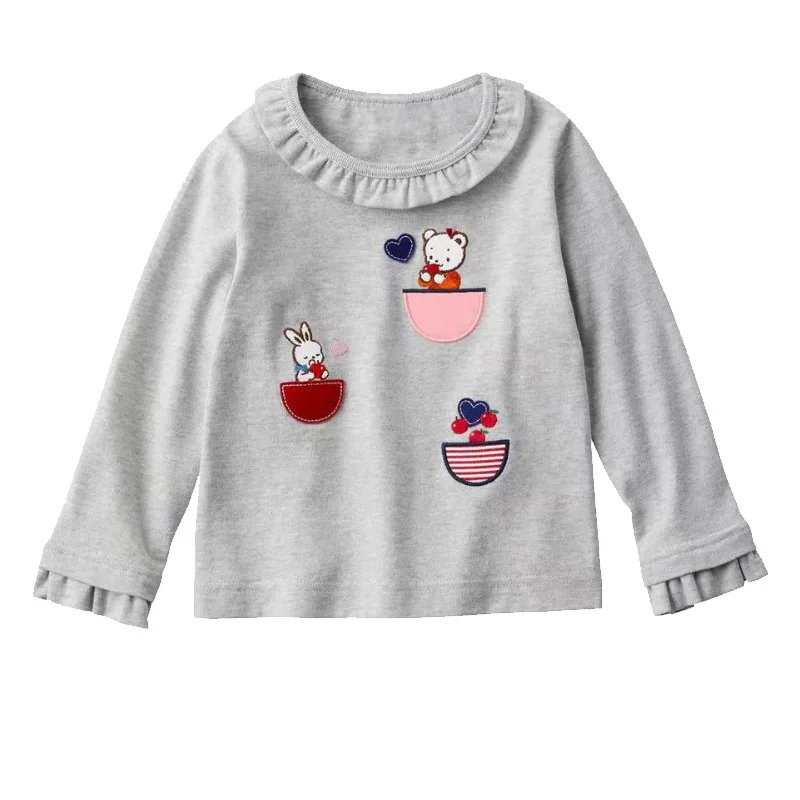 Family Children\'s Clothes Girls\' Clothes Cartoon Love Rabbit Embroidery Doll Collar Long Sleeve T-shirt Underwear