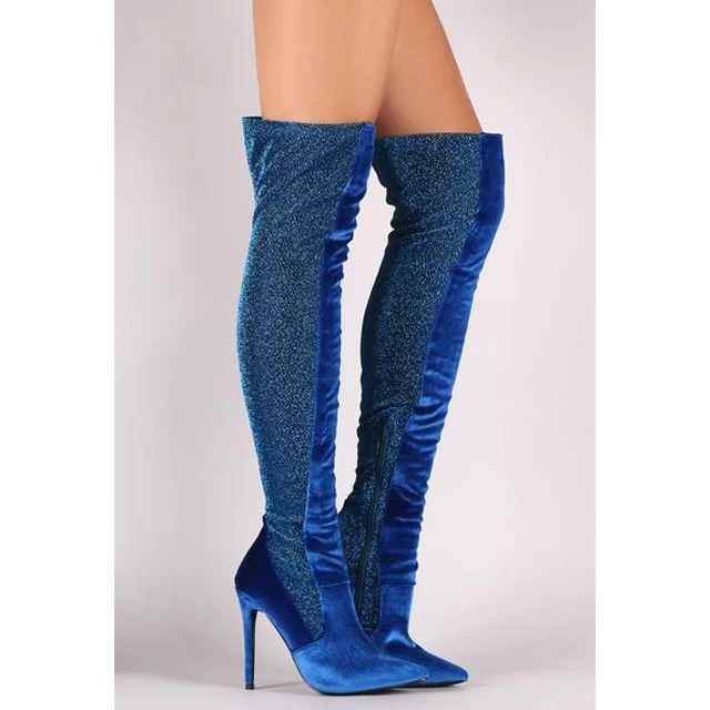 

Royal Blue Velvet Stretch Thigh Boots Sequins Patchwork Pointed Toe Thin High Heel Over Knee Boots Woman Femme Long Bottes