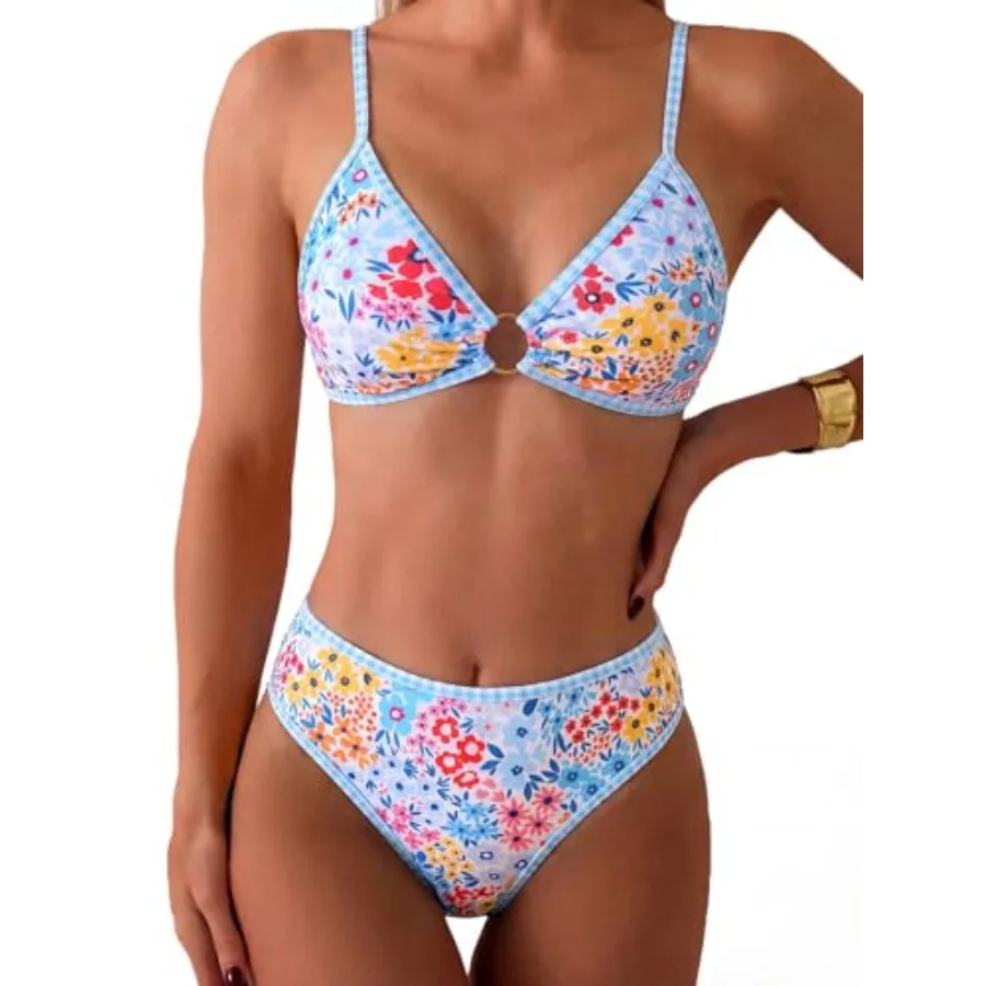 

Tainehs Women's Two Pcs Bikini Sets O Ring Front Top Ditsy Floral Triangle Swimsuits Cheeky Bathing Suit