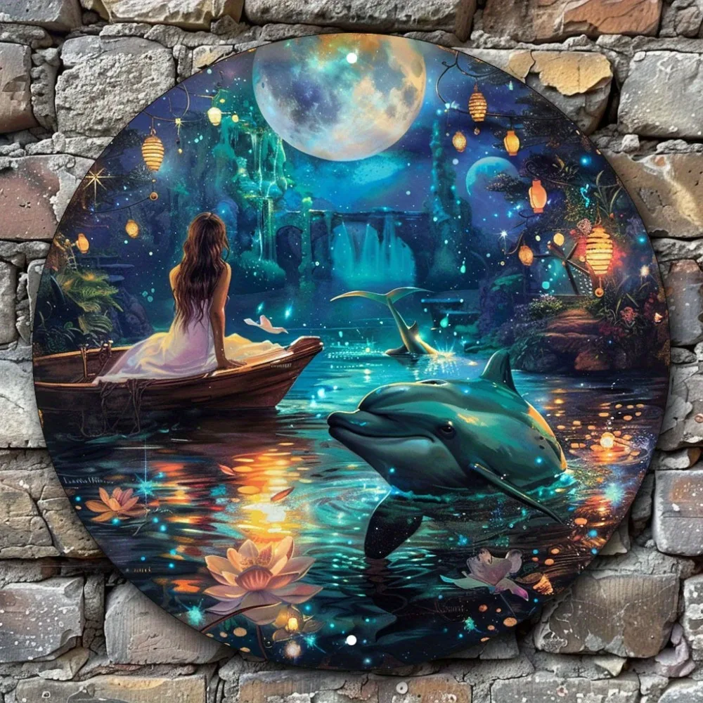 

Aluminum Wall Art, Round Mystical Moonlight Scene with Dolphins & Whimsical Garden, Weather-Resistant Outdoor/Indoor Decor