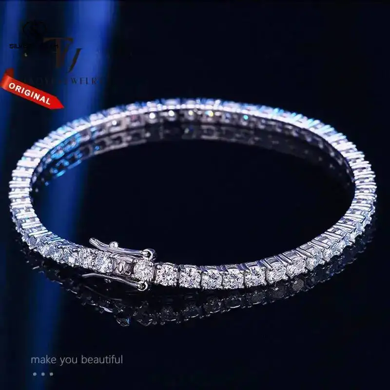 SG 3mm 4mm Moissanite Tennis Bracelet Sterling Full Dia Silver Plated Wedding Party Jewelry Bracelets For Women Men