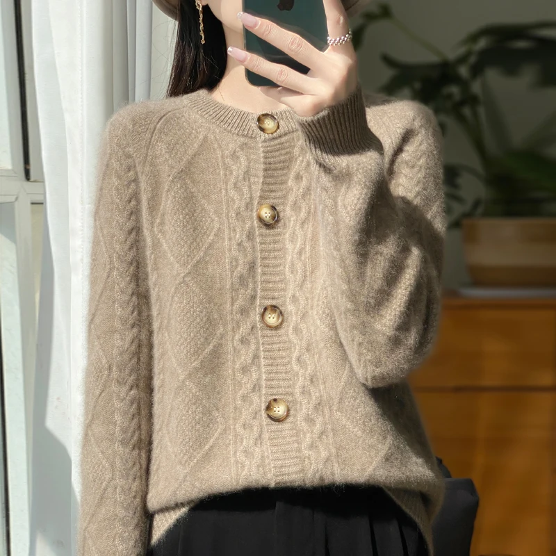 

Women Autumn Winter Cashmere Sweater Thick Cardigan 100% Merino Wool O-Neck Knitwear Female Soft Casual Rhombus Knitting Top