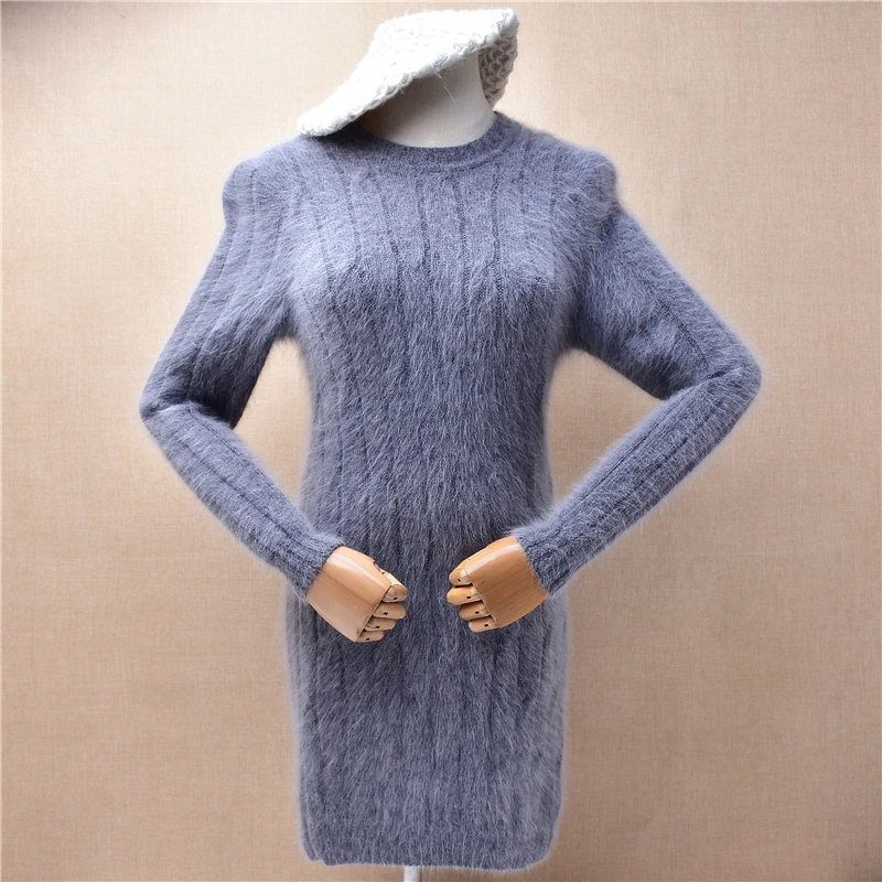 Ladies Women Autumn Winter Clothing Grey Striped Hairy Angora Rabbit Hair Knitted O-Neck Long Sleeves Slim Blouses Sweater Dress