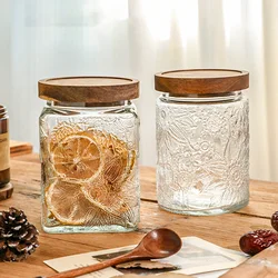 Retro Round egonia Flower Storage Jar 700ml Embossed Glass Wood Lid Storage Jar Household Seasoning Storage Bottle Home Decor